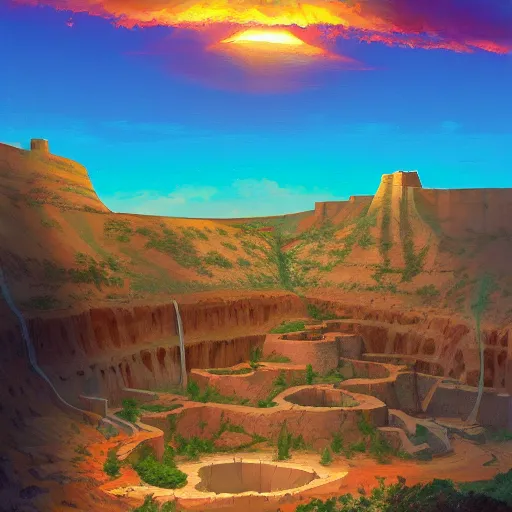 Prompt: deep diamond mining pit, lined with mesa verde dwellings, golden hour, by tyler edlin and rhads, bold colors, artstation