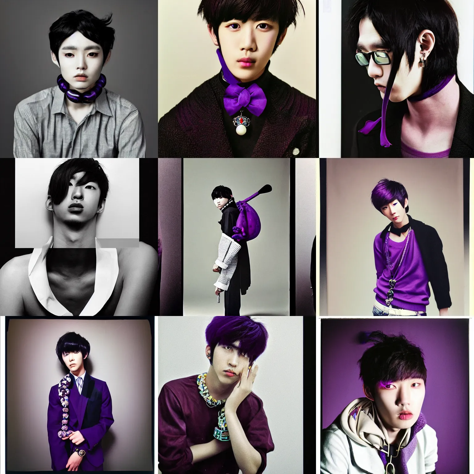 Prompt: male ulzzang with black and purple jewelry, medium shot, by irving penn and storm thorgerson, ren heng