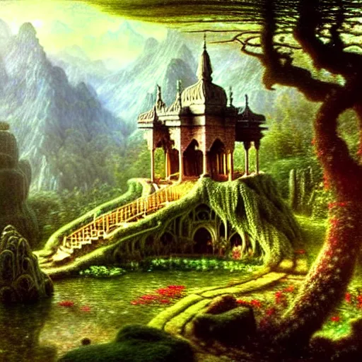 Image similar to a beautiful and highly detailed matte painting of an dwarf garden palace in a breath taking forest in a deep valley in the beautiful mountains of avalon, intricate details, epic scale, insanely complex, 8 k, sharp focus, hyperrealism, very realistic, by caspar friedrich, albert bierstadt, james gurney, brian froud,