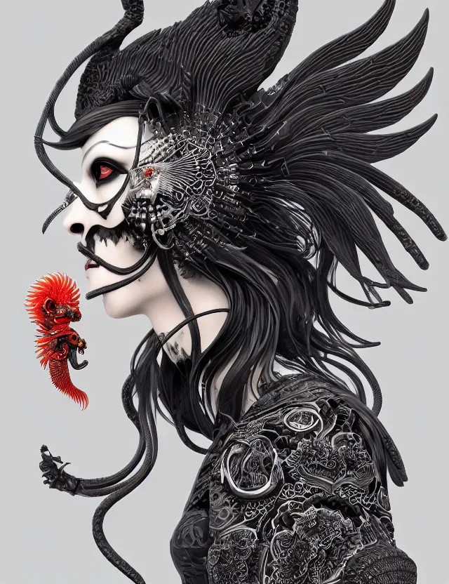 Image similar to 3 d goddess of death close - up profile portrait with ram skull. beautiful intricately detailed japanese crow kitsune mask and clasical japanese kimono. betta fish, jellyfish phoenix, bio luminescent, plasma, ice, water, wind, creature, artwork by tooth wu and wlop and beeple and greg rutkowski