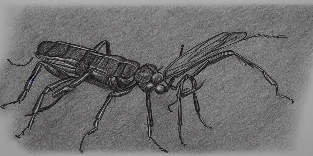 Image similar to pencil drawing of an insect, abstract, surrealism, hyper detail, line art