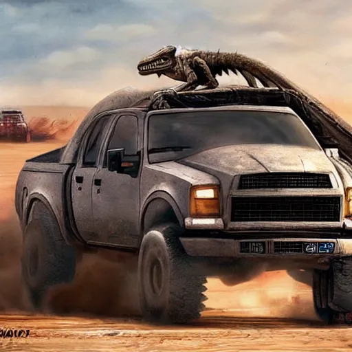 Image similar to truck velociraptor in the style of mad max and star wars, futuristic, dramatic lighting, intricate photorealism, high detail, many exotic high end features