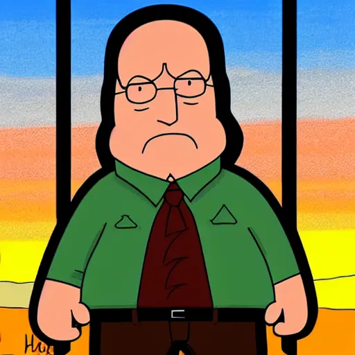 Image similar to Walter White in the style of family guy in a sunset scene