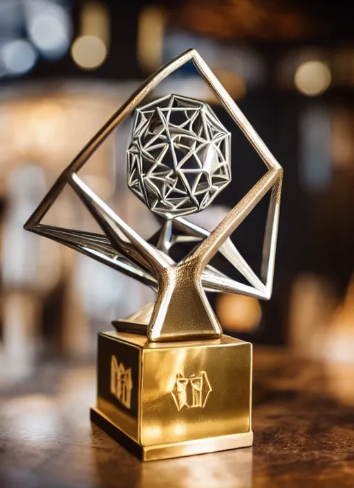 Image similar to a reflective symmetrical polyhedral 3 d printed steel engineering trophy at a high end bar in a medieval themed castle in golden afternoon light, professional food photography