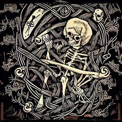 Prompt: “skeletal night terrors with Celtic iconography in the style of Rebecca Guay”