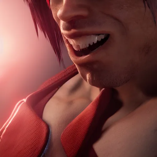 Prompt: dante from devil may cry, smiling, octane render, highly detailed, 8k, trending on social media, high quality, volumetric lighting, portrait,