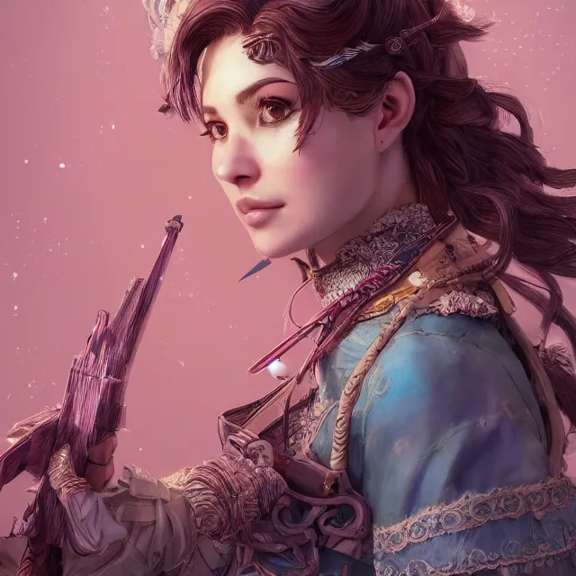 Image similar to the portrait of lawful neutral semi - colorful female archer socialite as absurdly beautiful, gorgeous, elegant, young gravure idol, an ultrafine hyperdetailed illustration by kim jung gi, irakli nadar, intricate linework, bright colors, octopath traveler, final fantasy, unreal engine 5 highly rendered, global illumination, radiant light, detailed and intricate environment