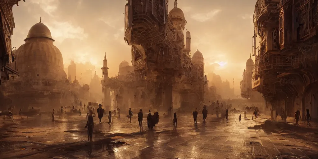 Image similar to Islamic city, beautiful dynamic lighting, cinematic, wide angle establishing shot, extremely high detail, photo realistic, cinematic lighting, post processed, concept art, artstation, matte painting, style by eddie mendoza, raphael lacoste, alex ross, volumetric lighting, light rays, photorealistic, ultrarealistic, moody, coronarender, 8k