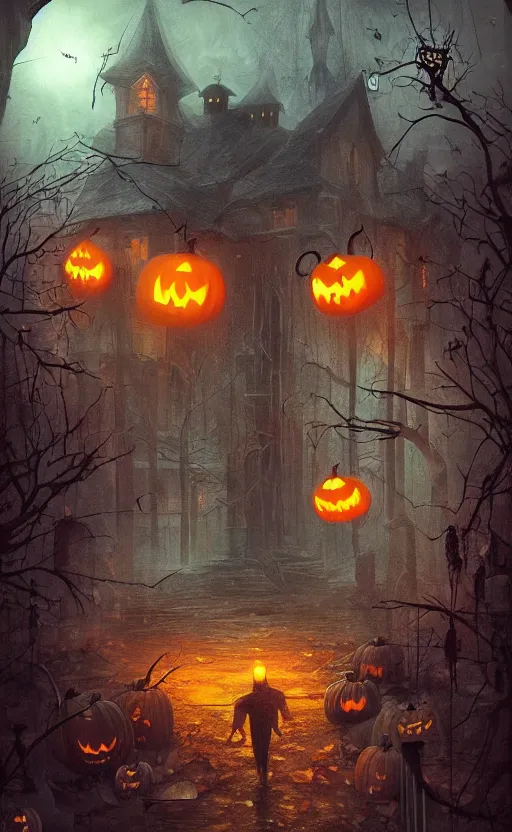 Prompt: a creepy and eery Halloween setting, with Jack o lanterns on the street and ghost roaming around, dynamic lighting, photorealistic fantasy concept art, stunning visuals, creative, cinematic, ultra detailed, trending on art station, spooky vibe