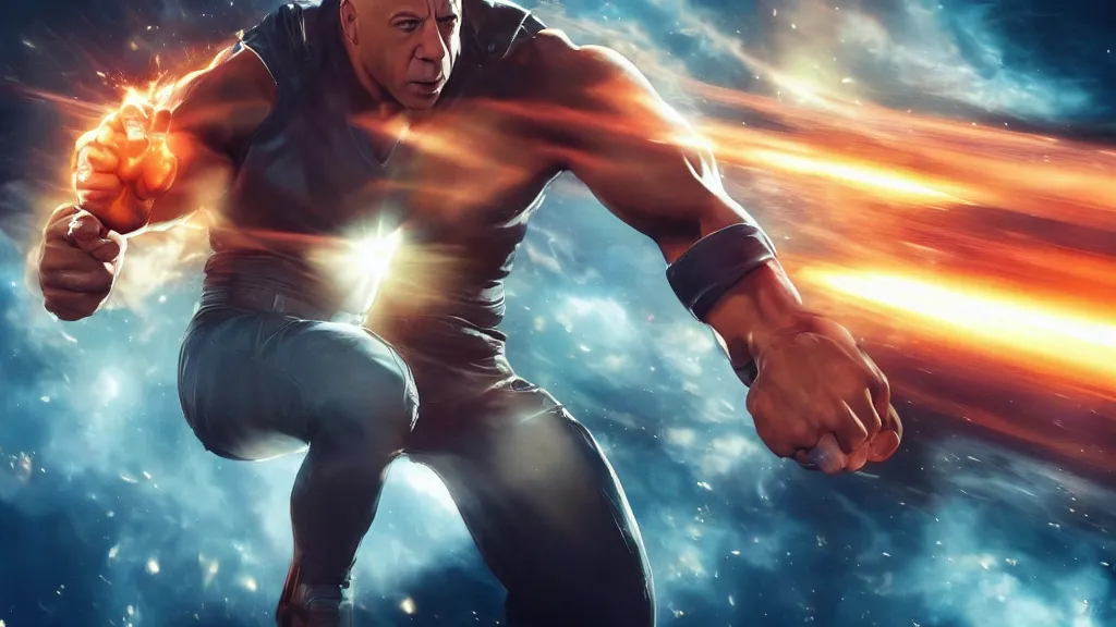 Prompt: extreme wide shot of vin diesel as saitama!!! punching!!! a car!!! into space, ultra realistic, lens flare, atmosphere, glow, detailed, intricate, full of colour, cinematic lighting, trending on artstation, 4 k, hyperrealistic, focused, extreme details, unreal engine 5, cinematic, masterpiece