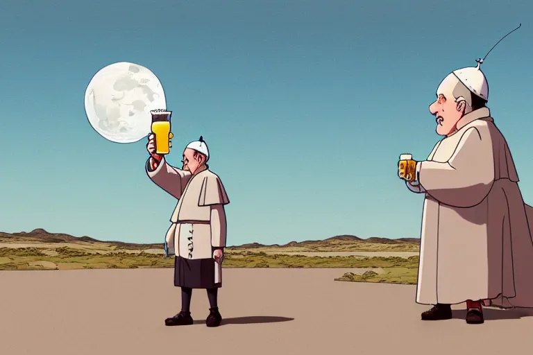 Prompt: a study of a cell shaded cartoon pope holding and drinking a beer on a desert road in front of a big moon, full body, wide shot, very muted colors, post grunge, studio ghibli, laurie greasley, highly detailed, deviantart, art by artgem