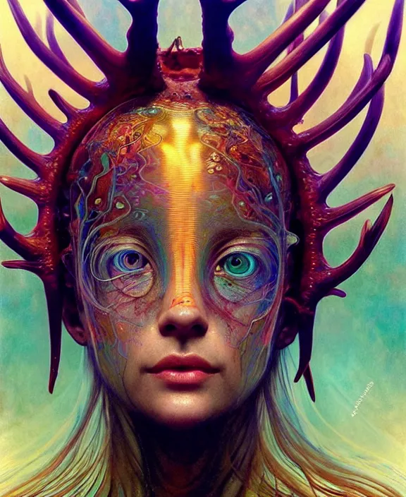 Image similar to intricate colorful transparent portrait of a terrifying beautiful alien sea creature, antlers, mottled coloring, adorable, childlike, anxiety environment, ultra realistic, concept art, art nouveau, photorealistic, octane render, 8 k, unreal engine. art by christopher marley and artgerm and greg rutkowski and alphonse mucha