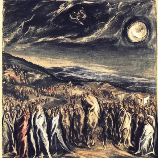 Image similar to A A Holy Week procession of souls in a Spanish landscape at night by El Greco.