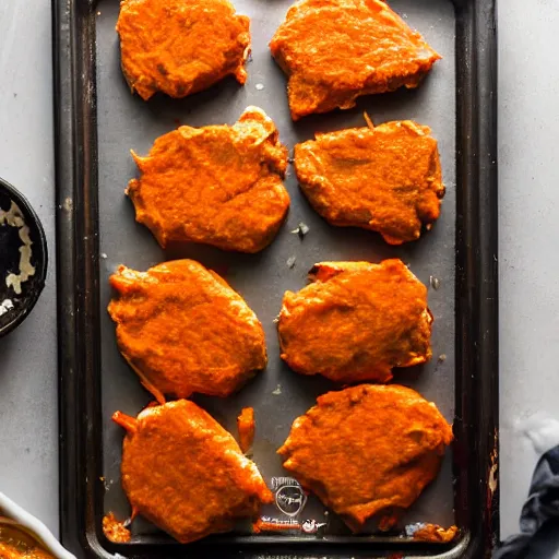 Image similar to freezerburnt buffalo chicken patties that my spouse just pulled out of the freezer