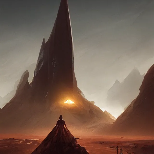 Image similar to a black spire rising up out of a desolate desert, by greg rutkowski, concept art, sci - fi concept art, cinematic lighting, highly detailed artwork, trending on artstation, movie concept art