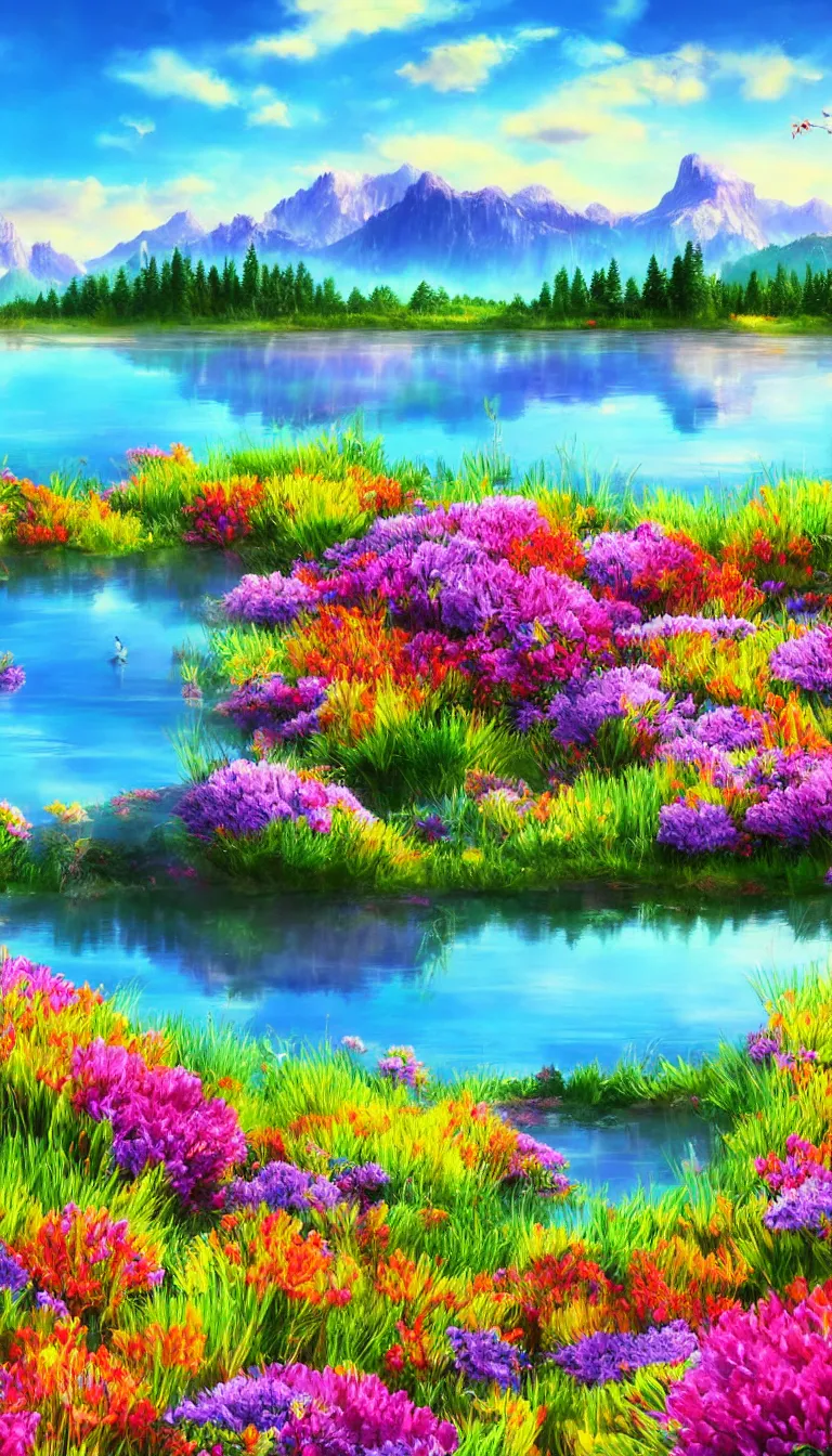 Prompt: highly detailed realistic photo of calm lake, sunlit mountains in background, colourful flowers in foreground, vibrant cool colors, award winning masterpiece photo, hyper realistic, concept art, 8 k detail post - processing