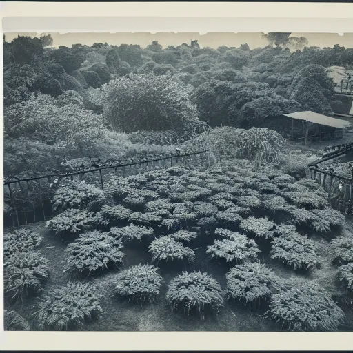 Prompt: a cyanotype of kew gardens, high resolution, magnificent, award winning, from the museum of modern art 1960