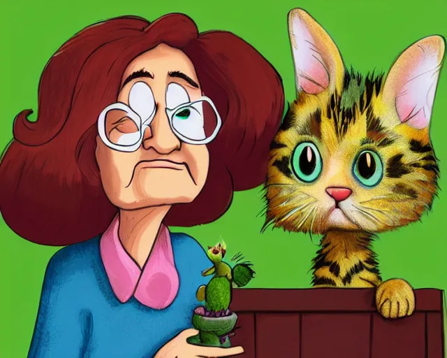 Image similar to detailed cartoon portrait of an old lady and her plant cat, pixar, sharp high quality