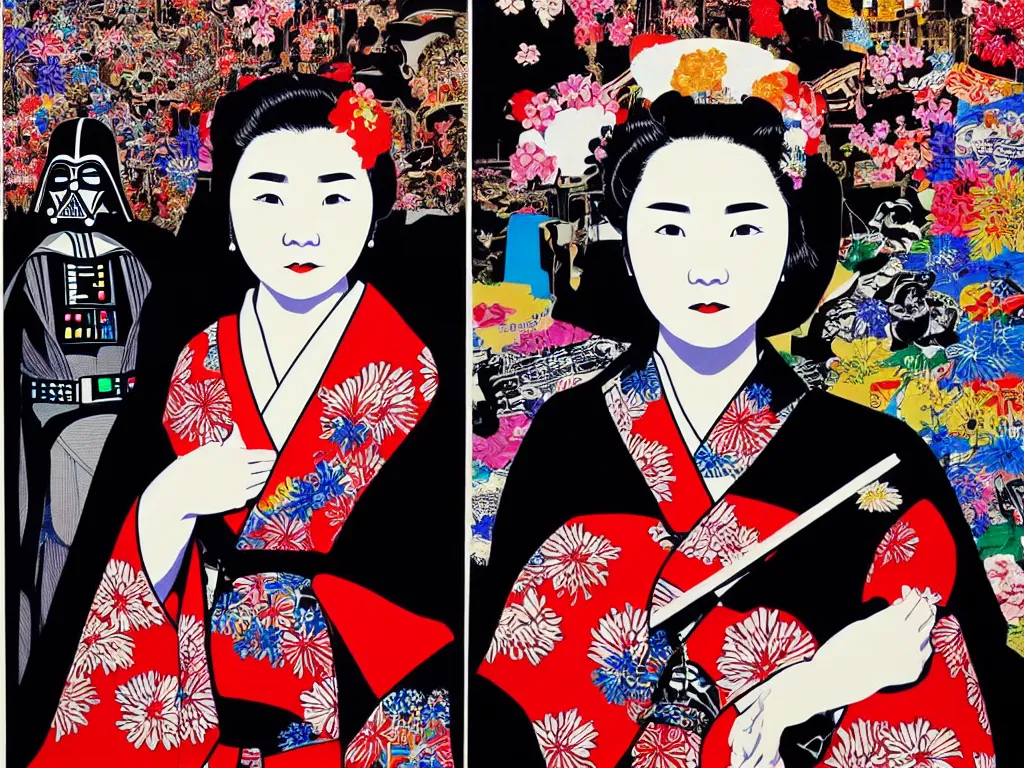 Image similar to hyperrealistic composition of the detailed woman in a japanese kimono sitting at a extremely detailed black jack table with hyperdetailed darth vader, fireworks, mountain fuji on the background, pop - art style, jacky tsai style, andy warhol style, acrylic on canvas