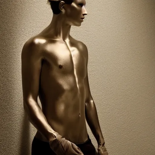 Image similar to a portrait beautiful athletic male holographic metal manequin, photographed by erwin olaf