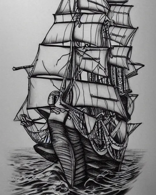 Prompt: A tattoo design sketch of a realistic pirate ship, on paper, black and white, highly detailed, realistic tattoo, by artgerm