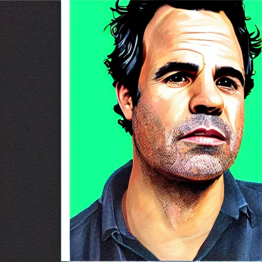 Image similar to portrait of mark ruffalo, highly detailed, centered, solid color background, digital painting