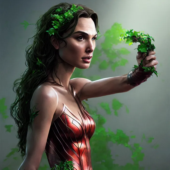 Image similar to portrait of Gal Gadot as a Poison Ivy. intricate artwork. by Tooth Wu, wlop, beeple, dan mumford. octane render, trending on artstation, greg rutkowski very coherent symmetrical artwork. cinematic, hyper realism, high detail, octane render, 8k