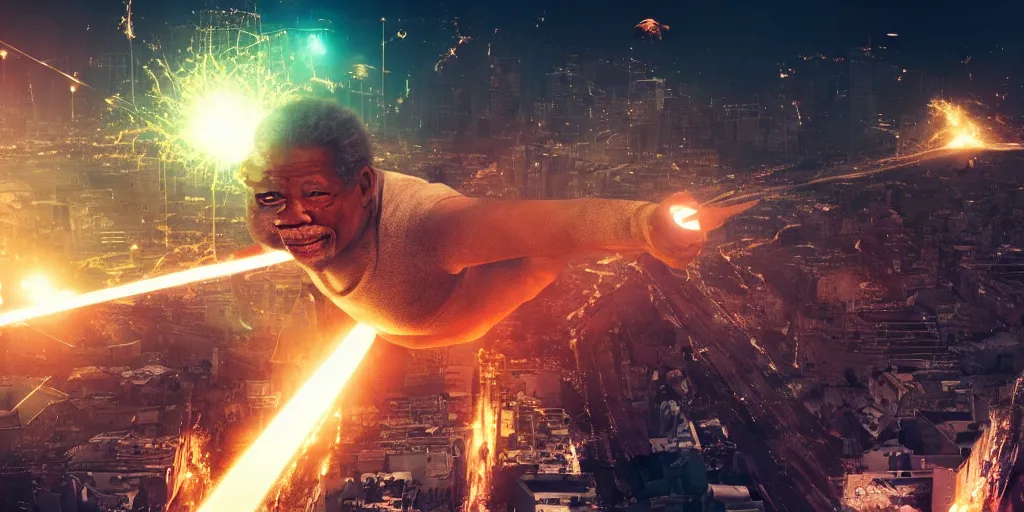 Image similar to gigantic morgan freeman doing a bridge handstand on the ground while destroying a city throwing lasers from his eyes, night, realism, 4 k, octane render, award winning photograph, cinematic shot