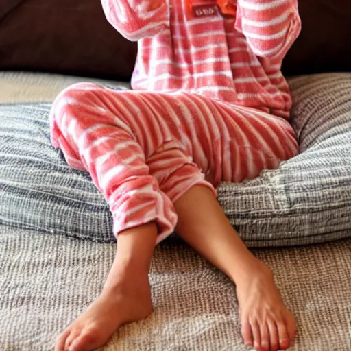 Prompt: sitting in a beanbag chair in skimpy pajamas eating cheetos