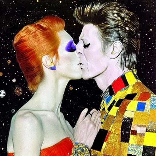 Prompt: david bowie in the kiss by klimt