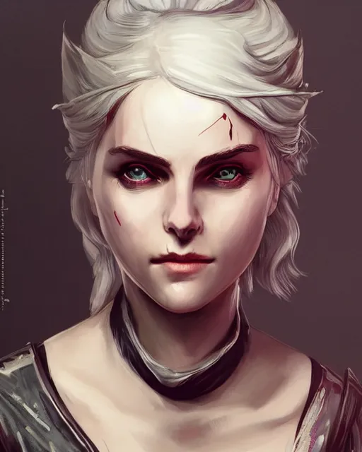 Image similar to Ciri from Witcher 3 by Viorie and Toni Infante and Timothy Kong, wearing haute couture by schiaparelli, sharp focus, sun rays, intricate, elegant, highly detailed, digital painting, masterpiece.