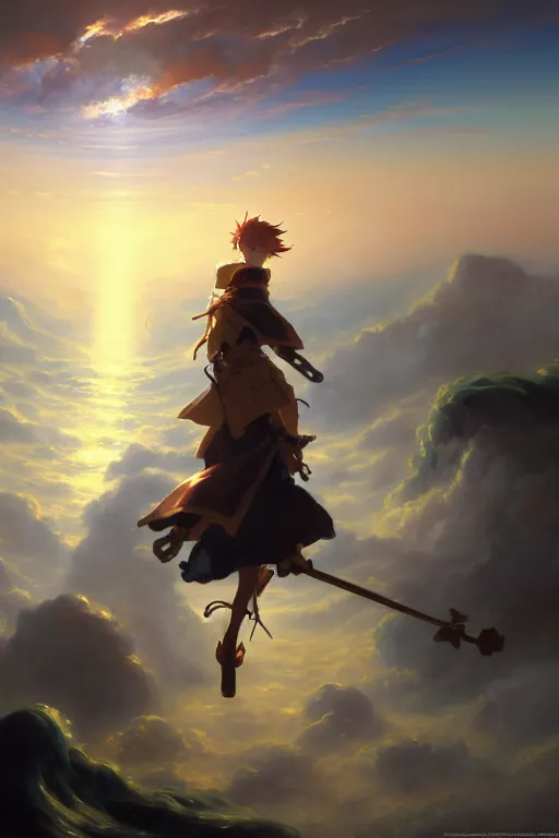 Image similar to baroque oil painting of anime key visual concept art of anime! wanderer above the sea of fog 1 8 1 8 with anime maid in armor set in grimdark fantasy, sunrays breaking through clouds, award winning, trending on artstation, palette knife! and brush strokes, oil on canvas, makoto shinkai greg rutkowski studio ghibli