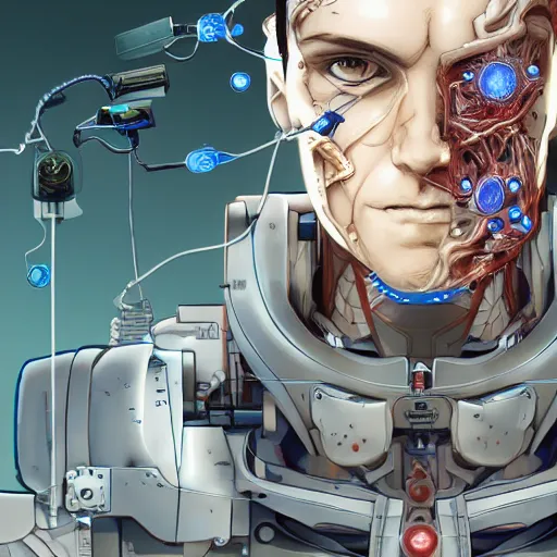 Prompt: Male cyborg, battle-damaged, scarred, handsome face, bored expression, blue eyes, sterile background, head in profile, sci-fi, bio-mechanical, wires, cables, gadgets, Digital art, detailed, anime, artist Katsuhiro Otomo