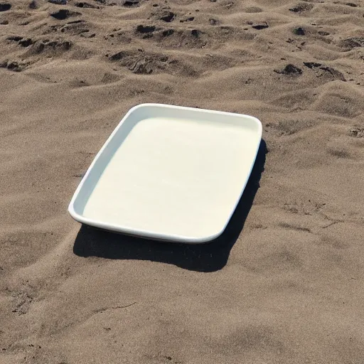 Image similar to a rectangle-shaped wok with no food in it, on the beach