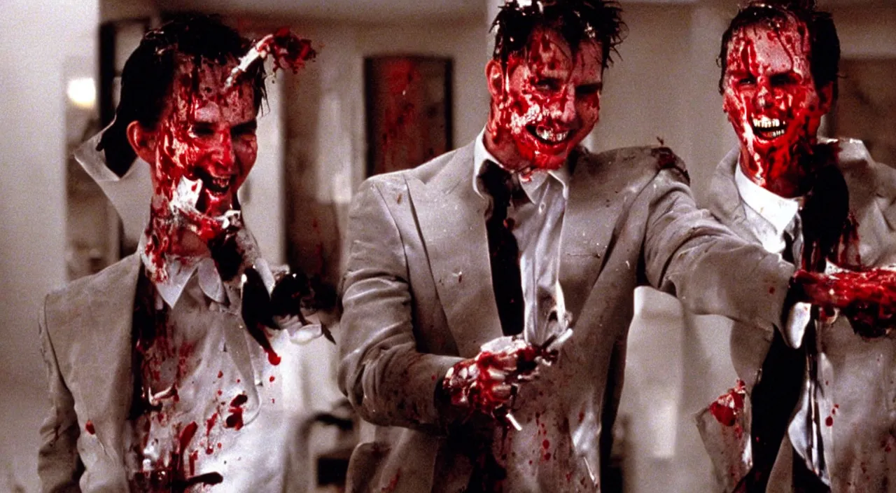 Image similar to Tom Cruise with a psychotic grin, wearing a blood-splattered business suit, as Patrick Bateman in American Psycho (2000)