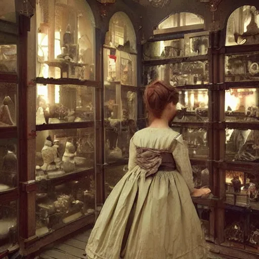 Prompt: human child standing in a victorian doll maker's shop looking at all of the dolls, high detail, digital art, painted by greg rutkowski, painted by seb mckinnon, trending on artstation