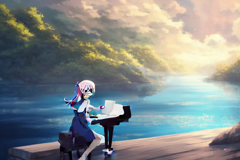 Image similar to Anime girl playing piano on blue water, far away, landscape, scenery, Cushart Krenz, Shinkai Makoto, by Lluluchwan, lots of details, highly detailed, 4k