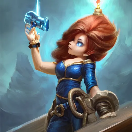 Image similar to beautiful muscular charming female gnome mechanic, fantasy magic bright blue lightning gauntlet arms, short black pixie undercut hair, standing on ship deck, naval background, intricate, fantasy magic, highly detailed, full body portrait, wide angle, digital painting, artstation, smooth, sharp focus, great composition, illustration, art by Greg Rutkowski, trending on artstation