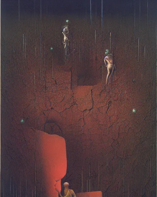 Prompt: critical instability by beksinski, carrington, bosch, dali, barlowe, magritte, pagan multicolors