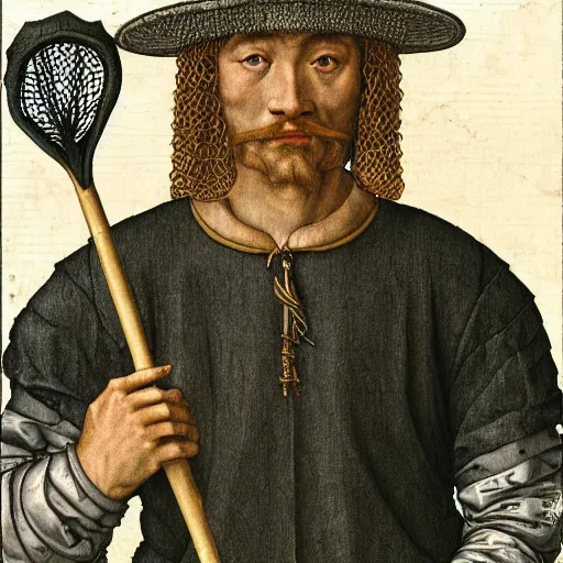 Image similar to lacrosse player, highly detailed, 8k, intricate, Albrecht Durer style