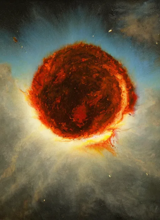 Prompt: painting of the moon colliding with earth and exploding