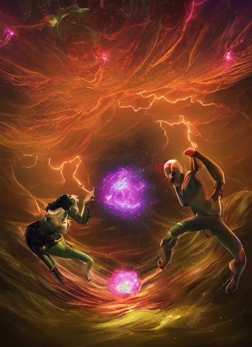 Image similar to An epic fantastic realism comic book style painting of the most beautiful entwined flowers launched across the dark cosmic sky, floating bouquets, fisheye, lightning creating life, unreal 5, DAZ, hyperrealistic, octane render, dynamic lighting