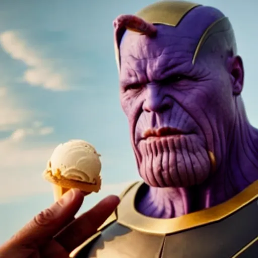 Image similar to film still of thanos eating an ice cream in the new avengers movie, 4 k