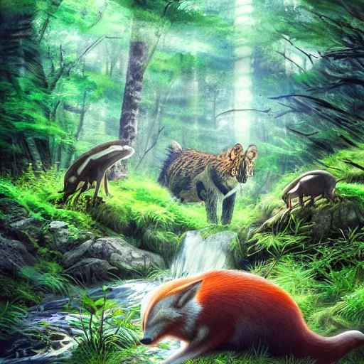 Image similar to animal life in the forest, river stream, predators and prey, vivid colors, realistic photo, environmental lighting, award - winning masterpiece photograph, cinematic view, studio ghibli, artgerm, high detail