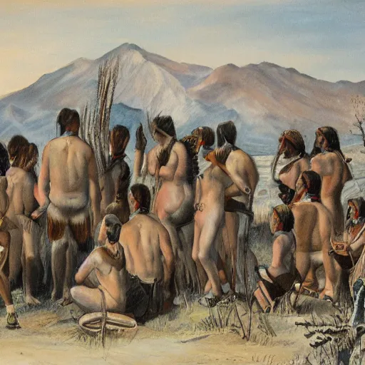 Prompt: A painting of a group of white skinned tribespeople.