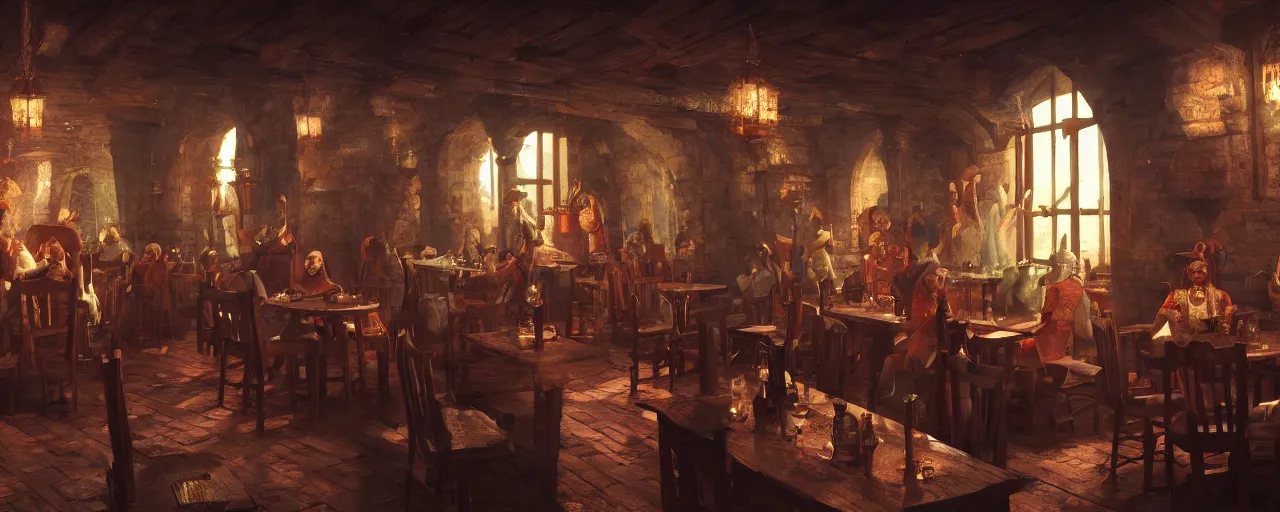 Image similar to medieval era tavern with exotic dancers, vaporwave aesthetics, 8 k uhd, unreal engine, octane render in the artstyle of finnian macmanus, john park and greg rutkowski