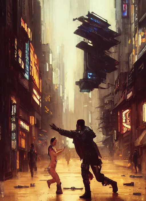 Image similar to blade runner fighting androids ( blade runner 2 0 4 9, cyberpunk 2 0 7 7 character design ). orientalist portrait by john william waterhouse and james gurney and theodore ralli and nasreddine dinet, oil on canvas. cinematic, hyper realism, realistic proportions, dramatic lighting, high detail 4 k