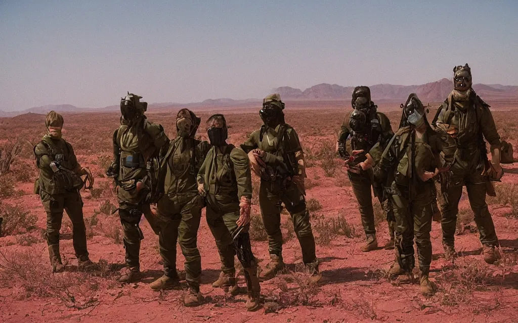 Image similar to a team of five people in dark green tactical gear like death stranding and masks, red mesas behind them, look at a desert oasis in the distance. They 're afraid. dusty, red, mid day, heat shimmering, 35mm film