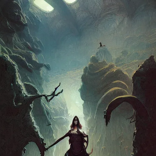 Image similar to fantasy painting with a woman in a surreal environment by Greg Rutkowski and Michael Whelan