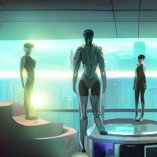 Prompt: a cinematic composition depicting : we're overlooking translucid crystal android being, whos is behind their heads up display viewing out of their window how a high tech lush solarpunk tribe collaborating with their technologic android helpers encroaching a cyberpunk resort sauna at sunrise, square lines, ghost in the shell